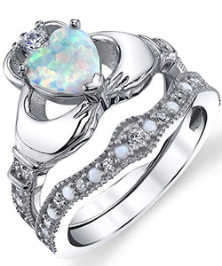 Sterling Silver 925 Heart Shape Claddagh Engagement Ring Wedding Bridal Sets with White Simulated Opal 7