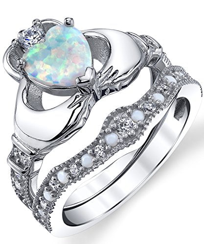Sterling Silver 925 Heart Shape Claddagh Engagement Ring Wedding Bridal Sets with White Simulated Opal 7
