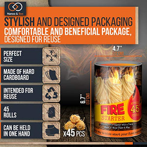 Nanoo and Bee Friendly Fire Starters with a Twist: Approx 45 Wood Fiber Wax Lighters Plus Wood Chips and Bag for Campfires, Fireplaces, BBQs, Smokers