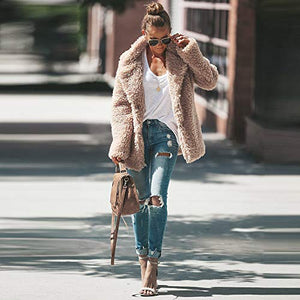 haoricu Womens Faux Shearling Jacket Casual Lapel Fleece Fuzzy Jacket Shaggy Oversized Jacket Warm Cardigan Coat Beige