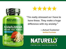 Load image into Gallery viewer, NATURELO Ashwagandha Organic Root Powder - Natural Herbs Supplement - Best for Mental Stress Relief, Mood Enhancer, Thyroid Support - with Black Pepper Extract - 90 Vegan Capsules
