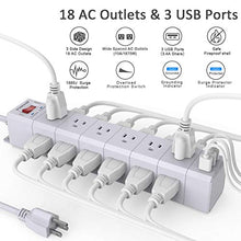 Load image into Gallery viewer, Long Power Strip, POWSAF Surge Protector with 18-Outlet(3-Sided) and 3 USB Ports(5V/3.4A, 17W), 6ft(1875W/15A) Heavy Duty Extension Cord, ETL Listed, White
