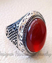Load image into Gallery viewer, Aqeeq man ring natural liver agate natural red onyx ring semi-precious red stone oval heavy sterling silver arabic middle eastern turkey style
