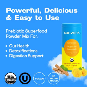 Sunwink Digestion Lemonade - Organic Lemon & Amla Powder for Digestion and Detox - Clean Superfood Powder for Lemon Water, Lemon Juice & Smoothies - No Added Sugar (40 Servings)