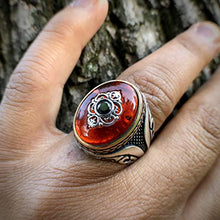 Load image into Gallery viewer, MEVA 925k Stamped Sterling Silver Carved Design Red Agate (aka Aqeeq) and Black Onyx Stone Men's Ring RKB0015 (10)
