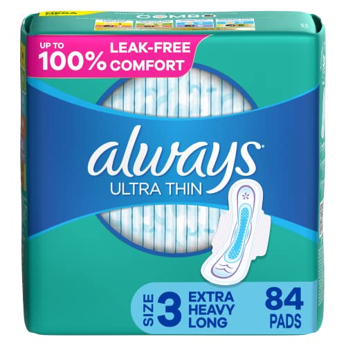 Always Ultra Thin Feminine Pads For Women, Size 3 Extra Heavy Long Absorbency, Multipack, With Wings, Unscented, 28 Count X 3 Packs (84 Count Total)