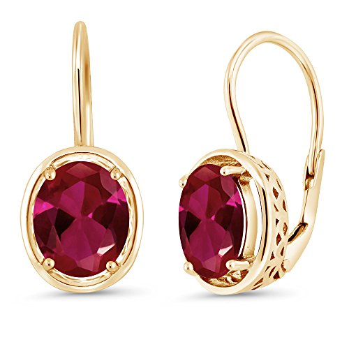 Gem Stone King 4.00 Ct Oval Red Created Ruby 18K Yellow Gold Plated Silver Dangle Earrings