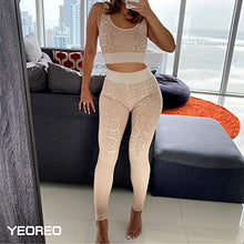 Load image into Gallery viewer, YEOREO Yoga Outfit for Women Seamless 2 Piece Workout Gym High Waist Snake Print Leggings with Sport Bra Set Khaki S
