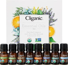 Load image into Gallery viewer, Cliganic USDA Organic Aromatherapy Essential Oils Holiday Gift Set (Top 8), 100% Pure Natural - Peppermint, Lavender, Eucalyptus, Tea Tree, Lemongrass, Rosemary, Frankincense &amp; Orange
