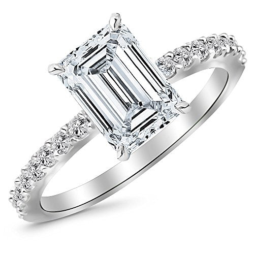 1 Ctw 14K White Gold Classic Side Stone Pave Set Diamond Engagement Ring (0.75 Ct H-I Color SI1 Clarity Emerald Cut Center)