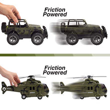 Load image into Gallery viewer, JOYIN 2 Pack Friction Powered Realistic Military Vehicle Car Set Including Convertible Military Truck, Helicopter, Army Men Action Figures and Accessories, Lights and Sounds Sirens
