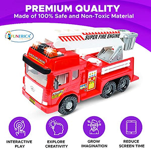 Toy Fire Truck with Lights and Sounds - 4 Sirens - Big Folding Ladder - Powerful Friction Wheels - Large Red Play Fire Engine Firetruck for Kids Toddlers Boys & Girls - Bonus: 5 Toy Figures