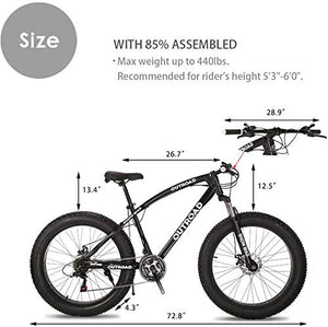 Max4out Fat Tire Mountain Bike 21 Speed Shimano Derailleur, with High Carbon Steel Frame, Double Disc Brake and Front Suspension Anti-Slip Bikes with 26 inch Wheels, Black