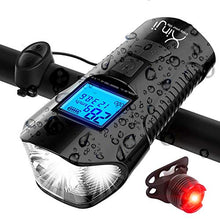 Load image into Gallery viewer, Xinji Bike Light Set with Bicycle Speedometer,USB Rechargeable Bike Computer with Loud Bike Bell,Waterproof Bike Odometer and Tail Light (Black)
