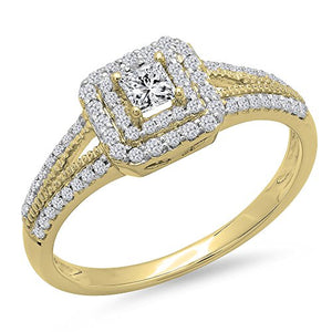 Dazzlingrock Collection 0.50 Carat (ctw) 14K Princess & Round Cut Diamond Halo Engagement Ring 1/2 CT, Yellow Gold, Size 6