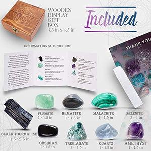 Crystalya Premium Grade Crystals and Healing Stones for Protection EMF in Wooden Box– Obsidian, Fluorite, Malachite, Hematite, Amethyst, Tree Agate, Quartz, Selenite, Tourmaline Gemstones + Info Guide