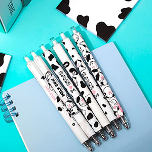 12 Pcs Cute Cow Pen Cartoon Gel Ink Pens with Grip 0.5 mm Black Cow Print Pens Retractable Kawaii Ballpoint Pen for Home Travel Office School Supplies Friends Teachers Students Study Accessories
