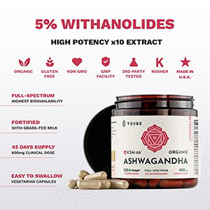 Full-Spectrum KSM-66 Ashwagandha 5% Withanolides - Pure Organic Root Extract - NO Additives - Boost Immunity Adrenal Thyroid (120 Full-Spectrum)