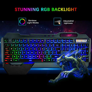 Gaming Keyboard Mouse & Mouse Pad Kit,3 in 1 Rainbow Backlit Rechargeable Wireless Keyboard Mouse with 3800mAh Battery Metal Panel Removable Hand Rest,RGB Gaming Mousepad(32.5x12inch),Gaming Mouse