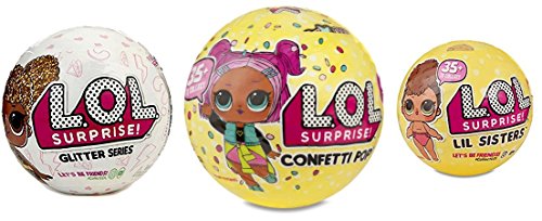 L.O.L. Surprise set of 3, includes 1 LOL Glitter Series ball, 1 LOL Confetti pop series 3 ball, and 1 LOL Lil Sisters series 3 ball