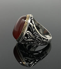 Load image into Gallery viewer, KAR 925K Stamped Sterling Silver Filigree Red Agate (Aqeeq) Men&#39;s Ring I1J (10.5)
