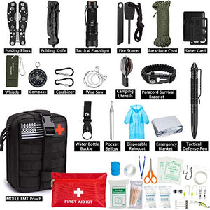 Emergency Survival Kit 47 in 1 Professional Survival Gear Tool First Aid Kit SOS Emergency Tactical Flashlight Knife Pliers Pen Blanket Bracelets Compass with Molle Pouch for Camping Adventures