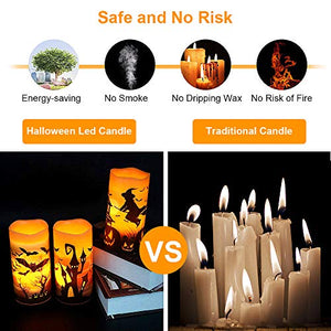 Halloween Flickering Flameless Candles - Battery Operated LED Real Wax Candles with 6 Hours Timer - Bats, Castle, Witch LED Flickering Candles for Halloween Christmas Wedding Party Decor, Pack of 3