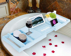 Aquaa Life Classy Blue Bathtub Tray, Expandable Bamboo Bathtub Caddy Tray, Wooden Bath Tray, Two Person Extendable Bath Tray with Wine Phone Book and Soap Holder, Luxury Bathtub Accessories Set