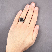 Load image into Gallery viewer, chimoda Turkish Silver Jewelry Black Onyx Stone 925 Sterling Men&#39;s Ring Striped Design (11)
