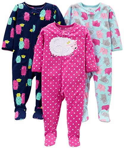 Simple Joys by Carter's Girls' 3-Pack Loose Fit Flame Resistant Fleece Footed Pajamas, Elephant/Lamb/Monster, 18 Months