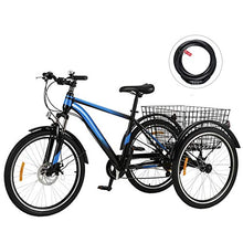 Load image into Gallery viewer, Viribus 7 Speed Mountain Tricycle with Adjustable Handlebars and Seat Three-Wheel Adult Bicycle for Men and Women Complete Beach Cruiser Trike with Basket Lights Bell for Adults (Blue1, 24inch)
