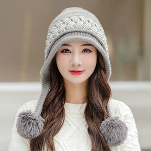HUAMULAN Women Winter Beanie Hat Earflap Peruvian Warm Slouchy Fleece Lined 3 Pom Poms Knit Cap Sherpa Fluffy Ski Hats
