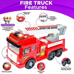 Toy Fire Truck with Lights and Sounds - 4 Sirens - Big Folding Ladder - Powerful Friction Wheels - Large Red Play Fire Engine Firetruck for Kids Toddlers Boys & Girls - Bonus: 5 Toy Figures