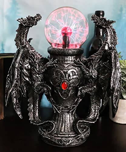 Ebros Gift Mythical Fantasy Gothic Guardian Dragon Duo with Crystal Static Plasma Storm Ball Table Lamp Sculpture Medieval Home Decor Globe Lights As Enchanting Renaissance Dragons Accent Statue