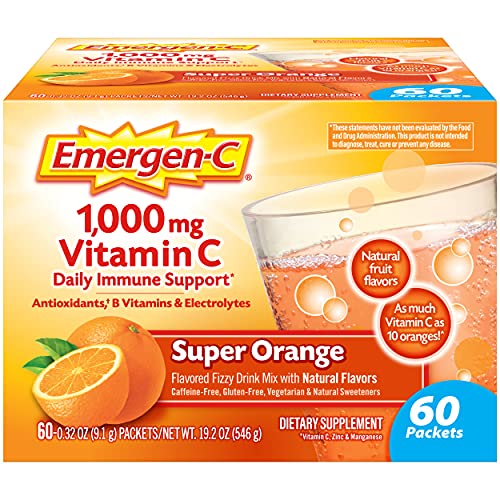 Emergen-C 1000mg Vitamin C Powder, with Antioxidants, B Vitamins and Electrolytes, Vitamin C Supplements for Immune Support, Caffeine Free Fizzy Drink Mix, Super Orange Flavor, 0.32 Ounce (Pack of 60)