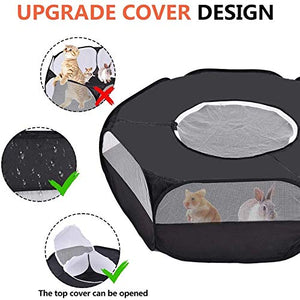 Motley Small Animal Playpen with Cover,Foldable Portable Pet Cage,Waterproof Breathable Transparent Indoor Outdoor Use Yard Fence Tent for Rabbit, Squirrel,Kitten,Puppy,Chinchilla and Hedgehog(Black)