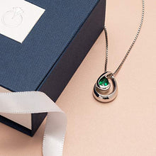 Load image into Gallery viewer, Peora Simulated Emerald Pendant Necklace in Sterling Silver, Wave Solitaire, Pear Shape, 7x5mm, 0.50 Carat with 18 inch Chain
