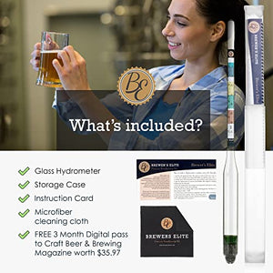 Brewer's Elite Hydrometer - for Home Brew Beer, Wine, Mead and Kombucha - Deluxe Triple Scale Set, Hardcase and Cloth - Specific Gravity ABV Tester