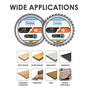 Luckyway 2-Pack 10 Inch Miter / Table Saw Blades 32T&60T with 5/8 Inch Arbor TCT Circular Saw Blade for Cutting Wood