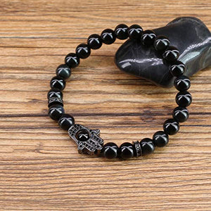 COAI Hand of Hamsa Black Obsidian Stone Mens Bracelet 7"