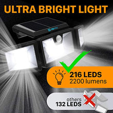 Load image into Gallery viewer, TBI Security Solar Lights Outdoor 216 LED 2200LM, 6500K - Extra-Wide Adjustable 360° 3 Heads with 3 Modes,Wireless Motion Sensor 40ft - Waterproof IP65 Spot Flood Lights Solar Powered 2200mah(2 Pack)
