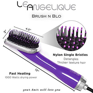 Le Angelique Brush N Blo - One Step Hair Straightening Blow Dryer Brush for Easy & Quick Curly Hair Styling | 1000W Hot/Cold Air Straightener | No-Frizz Tourmaline Tech Detangles & Boost Shine -Purple