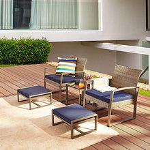 Load image into Gallery viewer, LOKATSE HOME 5-Piece Wicker Outdoor Conversation Set Patio Furniture PE Rattan All Weather Cushioned Chairs Balcony Porch with Ottoman and Glass Coffee Side Table, Blue
