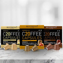 Load image into Gallery viewer, Bestpresso Coffee for Nespresso Original Machine 120 pods Certified Genuine Espresso Variety Pack Caramel, Vanilla and Chocolate, Pods Compatible with Nespresso Original

