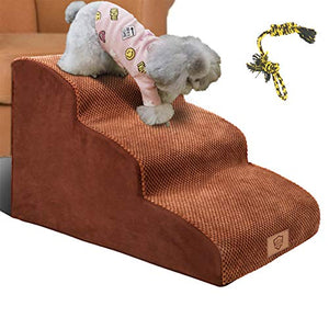 Topmart 3 Tiers Foam Dog Ramps/Steps,Non-Slip Dog Steps,Extra Wide Deep Dog Stairs,High Density Foam Pet Stairs/Ladder,Best for Older Dogs,Cats,Small Pets,with 1 Dog Rope Toy,Color Brown