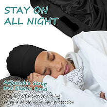 Load image into Gallery viewer, Satin Lined Sleep Cap Bonnet for Curly Hair and Braids, Stay On All Night Hair Wrap with Adjustable Strap for Women and Men, Black, Pack of 1

