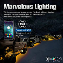 Load image into Gallery viewer, SUNPIE Upgraded 210 Degrees Wide Angle RGBW LED Rock Lights 4 Pod Lights with Phone App/Remote Control &amp; Timing &amp; Music Mode &amp; Flashing &amp; Automatic Control Neon Lights Under Off Road Truck SUV ATV

