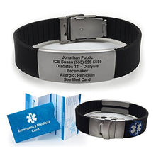 Load image into Gallery viewer, Silicone Sport Medical Alert ID Bracelet - Black (Incl. 6 Lines of Custom Engraving). Choose Your Color!
