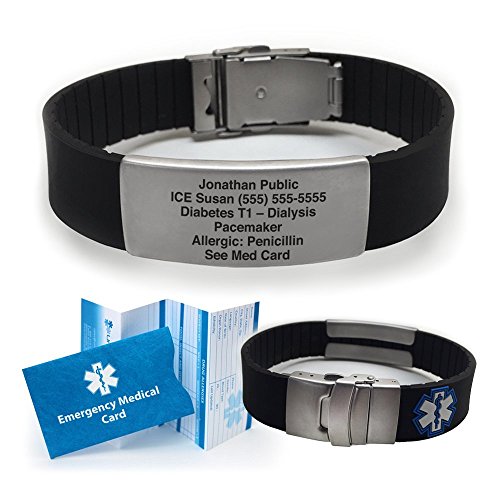 Silicone Sport Medical Alert ID Bracelet - Black (Incl. 6 Lines of Custom Engraving). Choose Your Color!