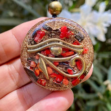 Load image into Gallery viewer, Orgone Pendant, Eye of Horus, Black Tourmaline Healing Crystals and Stones Amulet of Protection - SBB Coil Orgonite Necklace Onyx, Pyrite, Coral - Yoga Meditation Reiki, Handmade, Arte Orgones
